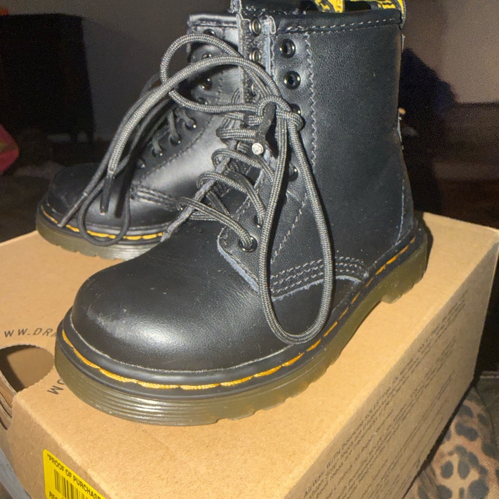 Dr. Martens Kids Black Boots with Yellow Stitching